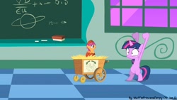 Size: 1280x720 | Tagged: safe, artist:muffinprincessderpy, derpibooru import, edit, edited screencap, screencap, scootaloo, twilight sparkle, the cutie mark chronicles, bipedal, blank flank, chalkboard, classroom, egg, female, filly, filly twilight sparkle, hatching, hatchling, scootachicken, wagon, younger