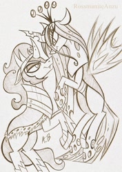 Size: 1617x2285 | Tagged: safe, artist:rossmaniteanzu, king sombra, queen chrysalis, changeling, changeling queen, unicorn, the beginning of the end, chrysombra, female, male, monochrome, pencil drawing, shipping, straight, traditional art