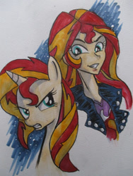 Size: 1024x1365 | Tagged: safe, artist:butaniku48, sunset shimmer, pony, unicorn, equestria girls, human ponidox, humanized, traditional art