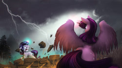 Size: 2000x1125 | Tagged: safe, artist:blackligerth, starlight glimmer, twilight sparkle, twilight sparkle (alicorn), alicorn, pony, unicorn, canterlot, confrontation, female, fight, floppy ears, frown, lightning, magic, mare, rock, spread wings, telekinesis, twibutt