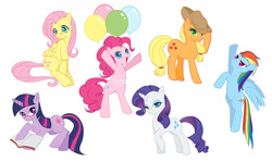 Size: 1200x713 | Tagged: safe, artist:eminya, derpibooru import, applejack, fluttershy, pinkie pie, rainbow dash, rarity, twilight sparkle, earth pony, pegasus, pony, unicorn, balloon, book, clothes, mane six, simple background, white background