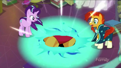 Size: 854x480 | Tagged: safe, edit, edited screencap, screencap, starlight glimmer, sunburst, alicorn, pony, celestial advice, black hole, discovery family logo, exploitable meme, gutsman, gutsman's ass, megaman, meme, plot, wat