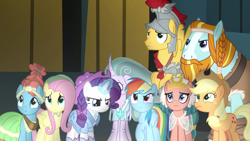 Size: 1920x1080 | Tagged: safe, derpibooru import, screencap, applejack, flash magnus, fluttershy, meadowbrook, mistmane, rainbow dash, rarity, rockhoof, somnambula, earth pony, pegasus, pony, unicorn, shadow play