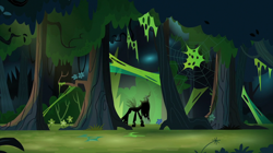 Size: 2000x1118 | Tagged: safe, screencap, queen chrysalis, changeling, changeling queen, the beginning of the end, everfree forest, female, forest, silhouette, solo, spider web, tree