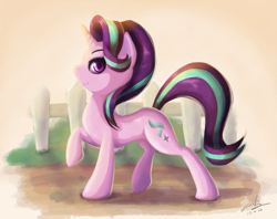 Size: 1211x960 | Tagged: safe, artist:the-park, starlight glimmer, pony, unicorn, backlighting, female, fence, mare, raised hoof, solo