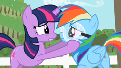 Size: 1280x720 | Tagged: safe, derpibooru import, screencap, rainbow dash, twilight sparkle, unicorn twilight, pegasus, pony, unicorn, lesson zero, duo, female, goggles, mare, out of context