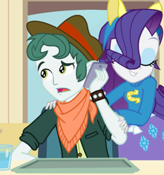 Size: 571x611 | Tagged: safe, screencap, rarity, equestria girls, equestria girls (movie), cellphone, cropped, duo, fake ears, phone, pony ears, smartphone, wondercolts, wondercolts uniform