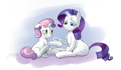 Size: 1280x744 | Tagged: safe, artist:lemondevil, rarity, sweetie belle, pony, unicorn, bandaid, comforting, crying, cute, duo, female, filly, injured, magic, mare, siblings, sisterly love, sisters, sitting, telekinesis