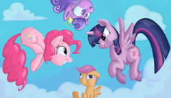 Size: 3000x1720 | Tagged: safe, artist:professor-ponyarity, derpibooru import, pinkie pie, scootaloo, screwball, twilight sparkle, twilight sparkle (alicorn), alicorn, earth pony, pony, female, mare, scootaloo can't fly, scootalove denied