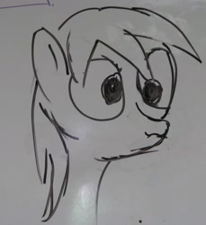 Size: 2738x2993 | Tagged: safe, artist:brightstarclick, derpy hooves, pegasus, pony, black and white, drawing, female, grayscale, mare, scrunchy face, solo, traditional art, whiteboard