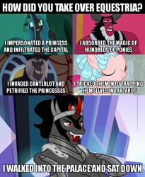 Size: 640x780 | Tagged: safe, edit, edited screencap, screencap, cozy glow, king sombra, lord tirek, queen chrysalis, storm king, changeling, changeling queen, pegasus, pony, unicorn, my little pony: the movie, school raze, the beginning of the end, to where and back again, twilight's kingdom, antagonist, caption, female, filly, foal, image macro, stupid sexy sombra, text