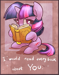 Size: 782x1000 | Tagged: safe, artist:atryl, derpibooru import, twilight sparkle, pony, unicorn, book, cute, female, filly, holiday, looking at you, solo, twiabetes, valentine's day