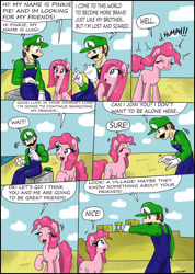 Size: 2492x3506 | Tagged: safe, artist:ciriliko, pinkie pie, earth pony, pony, comic, creeper, crossover, luigi, nintendo, pinkamena diane pie, super mario bros.