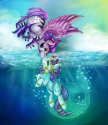 Size: 830x962 | Tagged: safe, artist:twiddledittle, rarity, oc, oc:kydose, mermaid, pegasus, pony, unicorn, canon x oc, clothes, coat markings, dress, love, noseboop, ocean, raridose, shipping, sky, underwater, water