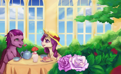 Size: 1024x626 | Tagged: safe, artist:hellykitten, rarity, oc, oc:kydose, pegasus, pony, unicorn, cake, canon x oc, flower, garden, grin, hat, love, lunch, magic, open mouth, raridose, rose, shipping, sitting, smiling, strawberry, table, tea party, teacup, teapot, telekinesis