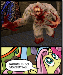 Size: 398x473 | Tagged: safe, idw, fluttershy, pegasus, pony, blue coat, blue eyes, dialogue, female, looking up, mare, meme, multicolored tail, nature is so fascinating, pink coat, pink mane, quake, quake 1, shambler, smiling, speech bubble, wings, yellow coat