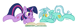 Size: 1148x426 | Tagged: safe, artist:owl-eyes, derpibooru import, lyra heartstrings, twilight sparkle, book, reading, simple background