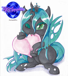 Size: 847x944 | Tagged: safe, artist:ksapphire8989, queen chrysalis, changeling, changeling queen, biting, chibi, commission, cute, cutealis, fangs, female, heart, one eye closed, signature, simple background, sitting, solo, white background