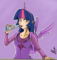 Size: 1075x1127 | Tagged: safe, artist:frankaraya, derpibooru import, twilight sparkle, twilight sparkle (alicorn), alicorn, human, alicorn drama, backpack, bottle, brony tears, drinking, humanized, nail polish, your tears are delicious