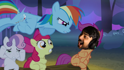 Size: 1280x720 | Tagged: safe, derpibooru import, edit, edited screencap, screencap, apple bloom, rainbow dash, scootaloo, sweetie belle, human, sleepless in ponyville, creepypasta, cutie mark crusaders, facial hair, human male, laughing, male, mutahar, scared, someordinarygamers, youtuber