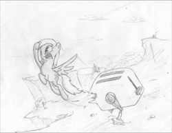 Size: 3263x2516 | Tagged: safe, artist:onsaud, derpy hooves, pegasus, pony, robot, badass, female, fight, flying, frown, mare, monochrome, open mouth, sketch, solo, spread wings, toaster, wat