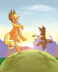 Size: 802x997 | Tagged: safe, artist:scissorsrunner, applejack, winona, dog, earth pony, pony, applejack's hat, cowboy hat, dancing, female, freckles, hat, mare, mountain, stetson, sunset