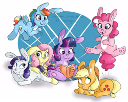 Size: 5875x4669 | Tagged: safe, artist:bloodyhellhayden, derpibooru import, applejack, fluttershy, pinkie pie, rainbow dash, rarity, twilight sparkle, twilight sparkle (alicorn), alicorn, rabbit, :3, absurd resolution, book, bunnified, bunnyshy, cute, frown, jumping, mane six, my little bunny, prone, reading, smiling, species swap, wide eyes