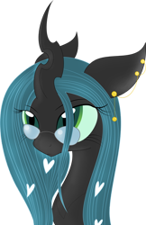 Size: 400x616 | Tagged: safe, artist:ifoxtrax, queen chrysalis, changeling, changeling queen, collaboration, adorkable, bust, cute, cutealis, dork, dorkalis, ear piercing, earring, female, floppy ears, glasses, heart, jewelry, nerd, piercing, portrait, simple background, solo, transparent background