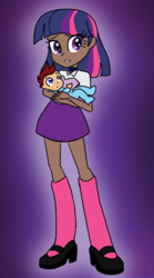 Size: 284x512 | Tagged: dead source, safe, artist:princessmarshmallow, derpibooru import, twilight sparkle, oc, oc:lightning blitz, baby, dark skin, holding, human coloration, humanized, mama twilight, mary janes, offspring, parent:rain catcher, parent:scootaloo, parents:catcherloo, redesign, twoiloight spahkle