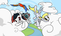 Size: 1280x752 | Tagged: safe, artist:onsaud, derpy hooves, oc, bird, pegasus, pony, female, flying, mare