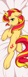 Size: 399x1067 | Tagged: safe, artist:theparagon, sunset shimmer, pony, unicorn, body pillow, body pillow design, cute, looking at you, plot, solo, underhoof