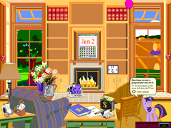 Size: 1024x768 | Tagged: artist needed, source needed, safe, derpibooru import, edit, twilight sparkle, elephant, calendar, checkbook, fireplace, hay bale, microsoft bob, pen, pencil, ring binder, speech bubble, tree