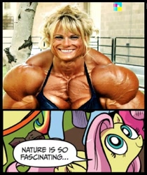 Size: 396x472 | Tagged: safe, fluttershy, human, pegasus, pony, blue coat, blue eyes, dialogue, exploitable meme, female, irl, irl human, looking up, mare, meme, multicolored tail, muscles, nature is so fascinating, nightmare fuel, overdeveloped muscles, photo, pink coat, pink mane, smiling, speech bubble, this isn't even my final form, wat, wings, yellow coat