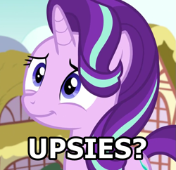 Size: 761x736 | Tagged: safe, edit, edited screencap, screencap, starlight glimmer, pony, unicorn, all bottled up, blue eyes, bronybait, cropped, cute, cutie mark, female, glimmerbetes, hair flip, hair over one eye, horn, ponyville, question, smiling, solo, text, upsies