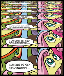 Size: 397x473 | Tagged: safe, idw, fluttershy, pegasus, pony, blue coat, blue eyes, dialogue, exploitable meme, female, looking up, mare, meme, multicolored tail, nature is so fascinating, pink coat, pink mane, recursion, smiling, speech bubble, wings, yellow coat