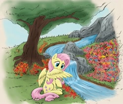 Size: 2715x2292 | Tagged: safe, artist:otakuap, fluttershy, pegasus, pony, preening, river, sitting, solo, tree