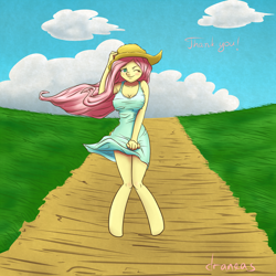 Size: 2000x2000 | Tagged: safe, artist:draneas, fluttershy, anthro, cleavage, clothes, cloud, cloudy, dress, female, hat, straw hat, wind