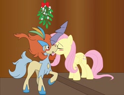 Size: 900x695 | Tagged: safe, artist:phoenixdragon86, fluttershy, pegasus, pony, blushing, christmas, keldeo, kissing, mistletoe, pokémon