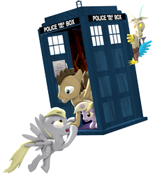 Size: 2071x2328 | Tagged: safe, artist:longsword97, derpy hooves, dinky hooves, discord, doctor whooves, pegasus, pony, 3d, female, mare, source filmmaker, tardis