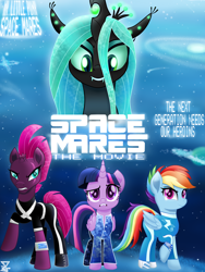 Size: 4500x6000 | Tagged: safe, artist:theretroart88, fizzlepop berrytwist, queen chrysalis, rainbow dash, tempest shadow, twilight sparkle, twilight sparkle (alicorn), alicorn, changeling, changeling queen, pegasus, pony, unicorn, my little pony: the movie, crossover, galaxy, misspelling, movie accurate, science fiction, space, space mares, unfortunate implications