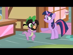 Size: 1024x768 | Tagged: safe, derpibooru import, screencap, spike, twilight sparkle, unicorn twilight, dragon, pony, unicorn, magical mystery cure, dancing, duo, female, groucho mask, male, mare, raised hoof, what my cutie mark is telling me