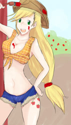 Size: 674x1185 | Tagged: safe, artist:katon-harouxi, applejack, belly button, clothes, daisy dukes, humanized, paint, skinny