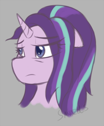 Size: 800x961 | Tagged: safe, artist:sanzols, starlight glimmer, pony, unicorn, all bottled up, bust, colored pupils, exhausted, gray background, portrait, simple background, solo