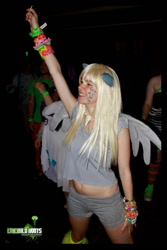 Size: 640x960 | Tagged: safe, derpy hooves, human, cosplay, dancing, ears, irl, irl human, photo, rave, wings, wristband