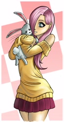 Size: 2255x4304 | Tagged: safe, artist:arucardpl, angel bunny, fluttershy, clothes, hug, humanized, skinny, skirt, sweater, sweatershy