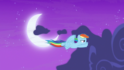 Size: 1280x720 | Tagged: safe, derpibooru import, screencap, rainbow dash, pegasus, pony, not asking for trouble, cloud, flying, moon, night