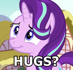 Size: 761x736 | Tagged: safe, edit, edited screencap, screencap, starlight glimmer, pony, unicorn, all bottled up, blue eyes, bronybait, cropped, cute, cutie mark, female, glimmerbetes, hair flip, hair over one eye, horn, hug, hug request, ponyville, question, smiling, solo, text