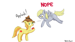 Size: 1920x1080 | Tagged: safe, artist:verminshy, braeburn, derpy hooves, apple, derp, muffin, nope