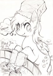 Size: 816x1163 | Tagged: safe, artist:mi-eau, derpy hooves, pegasus, pony, female, mare, monochrome, nightmare night, paper bag wizard, solo, traditional art