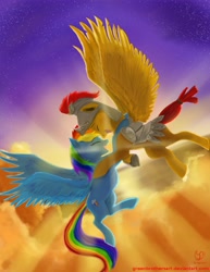 Size: 3699x4800 | Tagged: safe, artist:greenbrothersart, derpibooru import, flash magnus, rainbow dash, pegasus, pony, shadow play, backlighting, cloud, crepuscular rays, dashmagnus, eyes closed, female, flying, high res, hug, male, mare, shipping, smiling, stallion